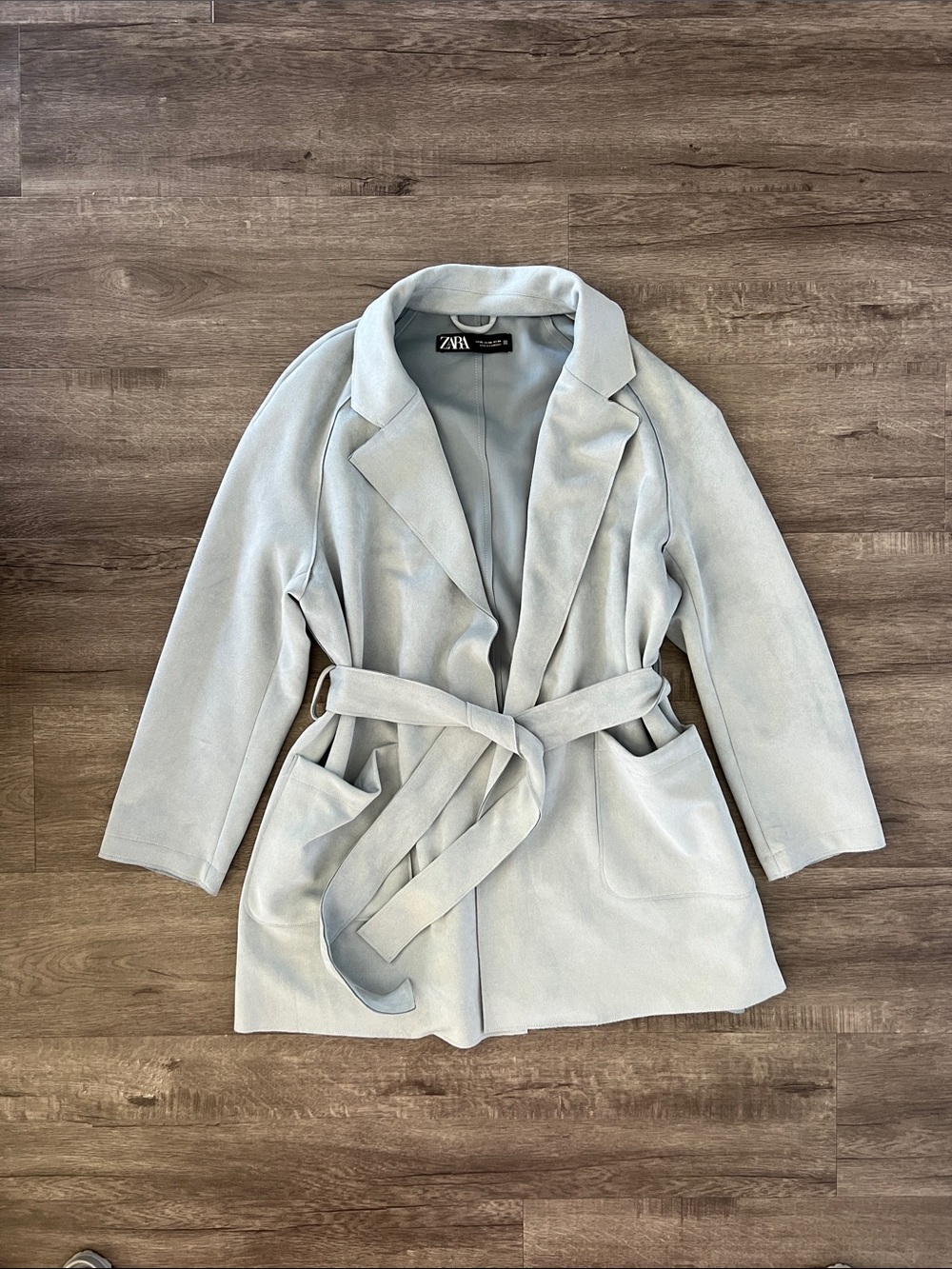 Zara Light Blue Belted Suede Trench Coat